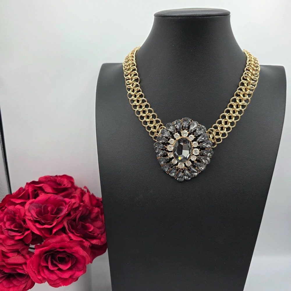 Statement Gem Necklace Gold Chain Chunky Black‎ Gray Crystal Sparkle Rhinestone